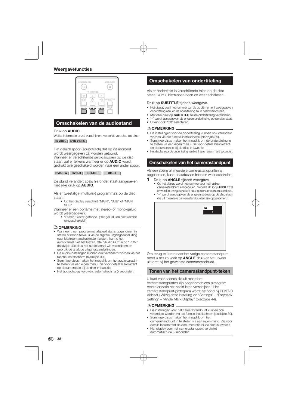 Tonen van het camerastandpunt-teken, Omschakelen van de audiostand, Omschakelen van ondertiteling | Omschakelen van het camerastandpunt | Pioneer BDP-333 User Manual | Page 218 / 304