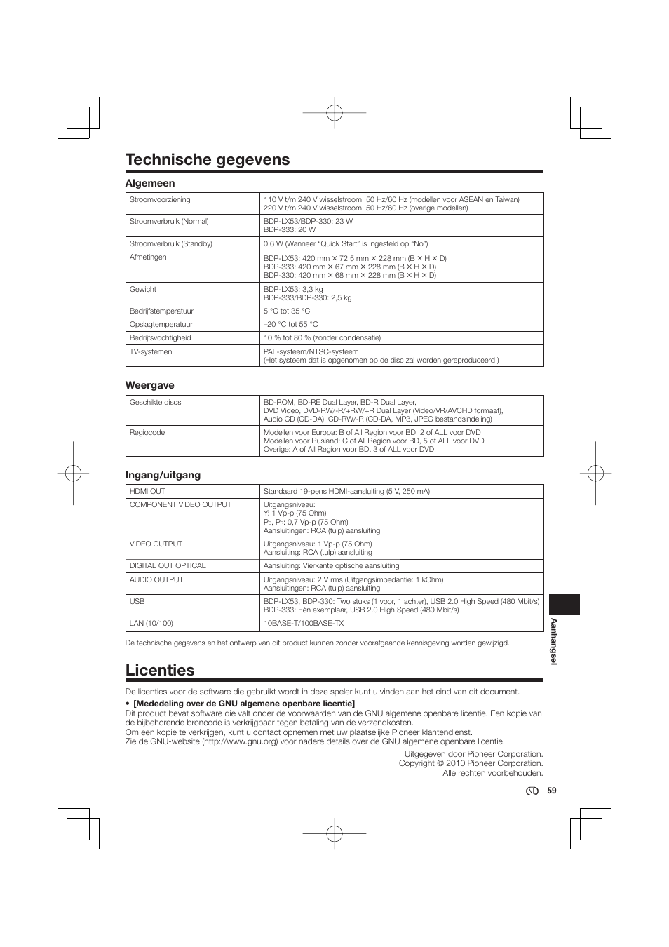 Technische gegevens licenties, Technische gegevens, Licenties | Pioneer BDP-333 User Manual | Page 239 / 304