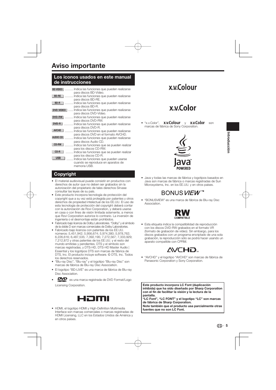Aviso importante, Los iconos usados en este manual de instrucciones, Copyright | Pioneer BDP-333 User Manual | Page 243 / 304