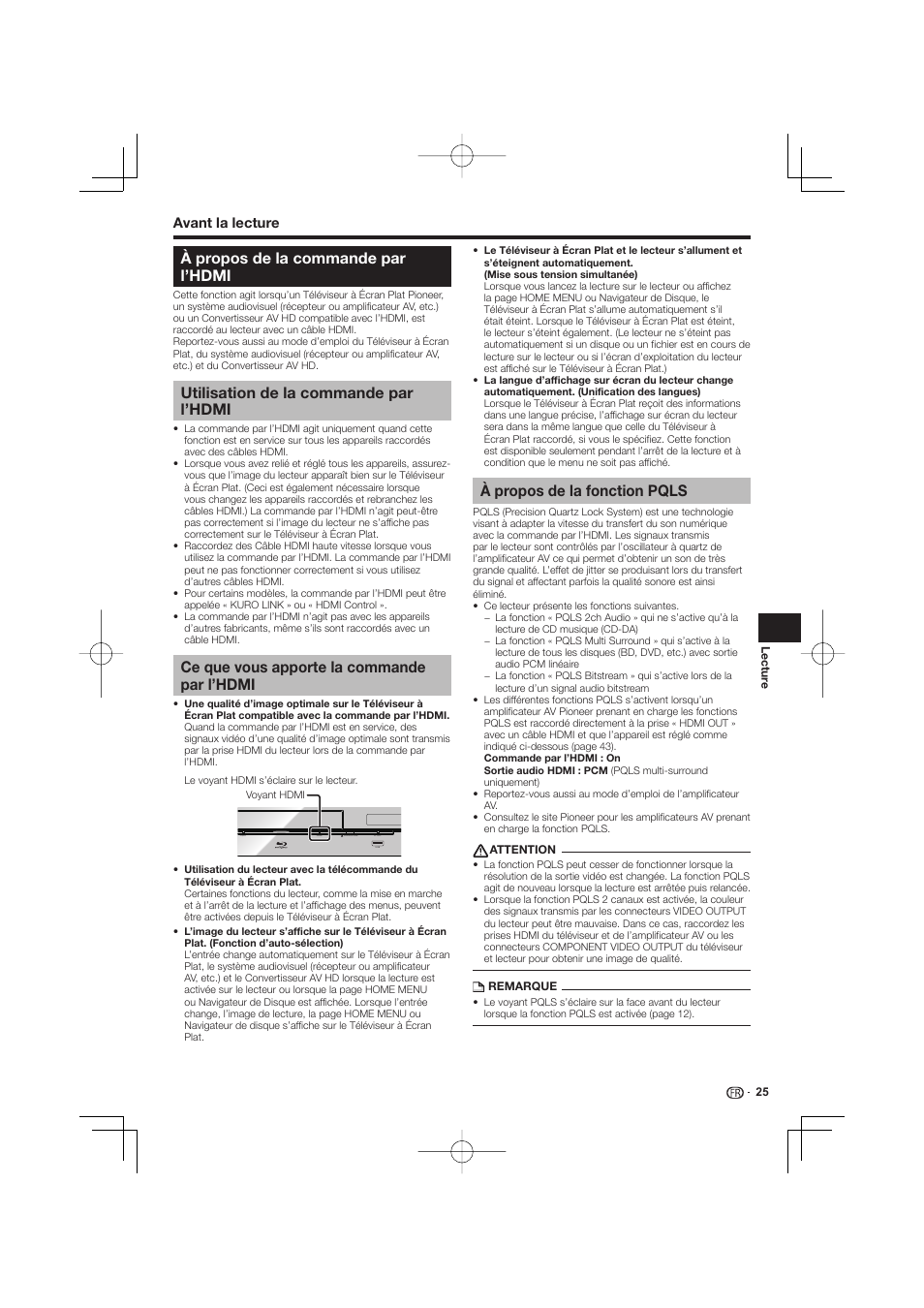 À propos de la commande par l’hdmi, Utilisation de la commande par l’hdmi, Ce que vous apporte la commande par l’hdmi | À propos de la fonction pqls, Avant la lecture | Pioneer BDP-333 User Manual | Page 25 / 304