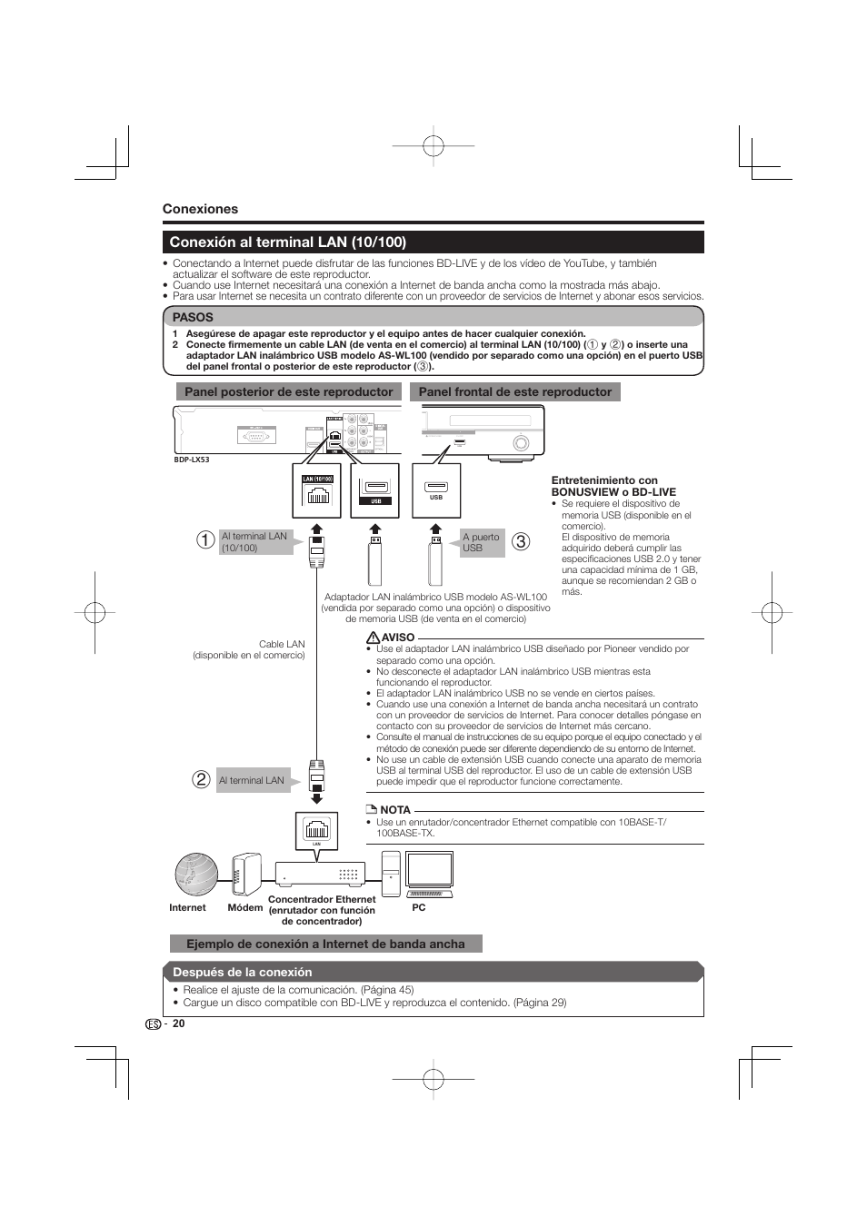 Conexión al terminal lan (10/100), Conexiones | Pioneer BDP-333 User Manual | Page 258 / 304