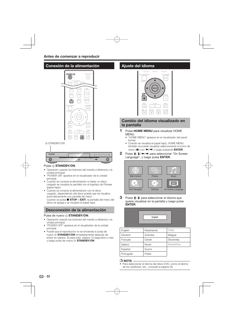Conexión de la alimentación, Desconexión de la alimentación, Ajuste del idioma | Cambio del idioma visualizado en la pantalla | Pioneer BDP-333 User Manual | Page 260 / 304