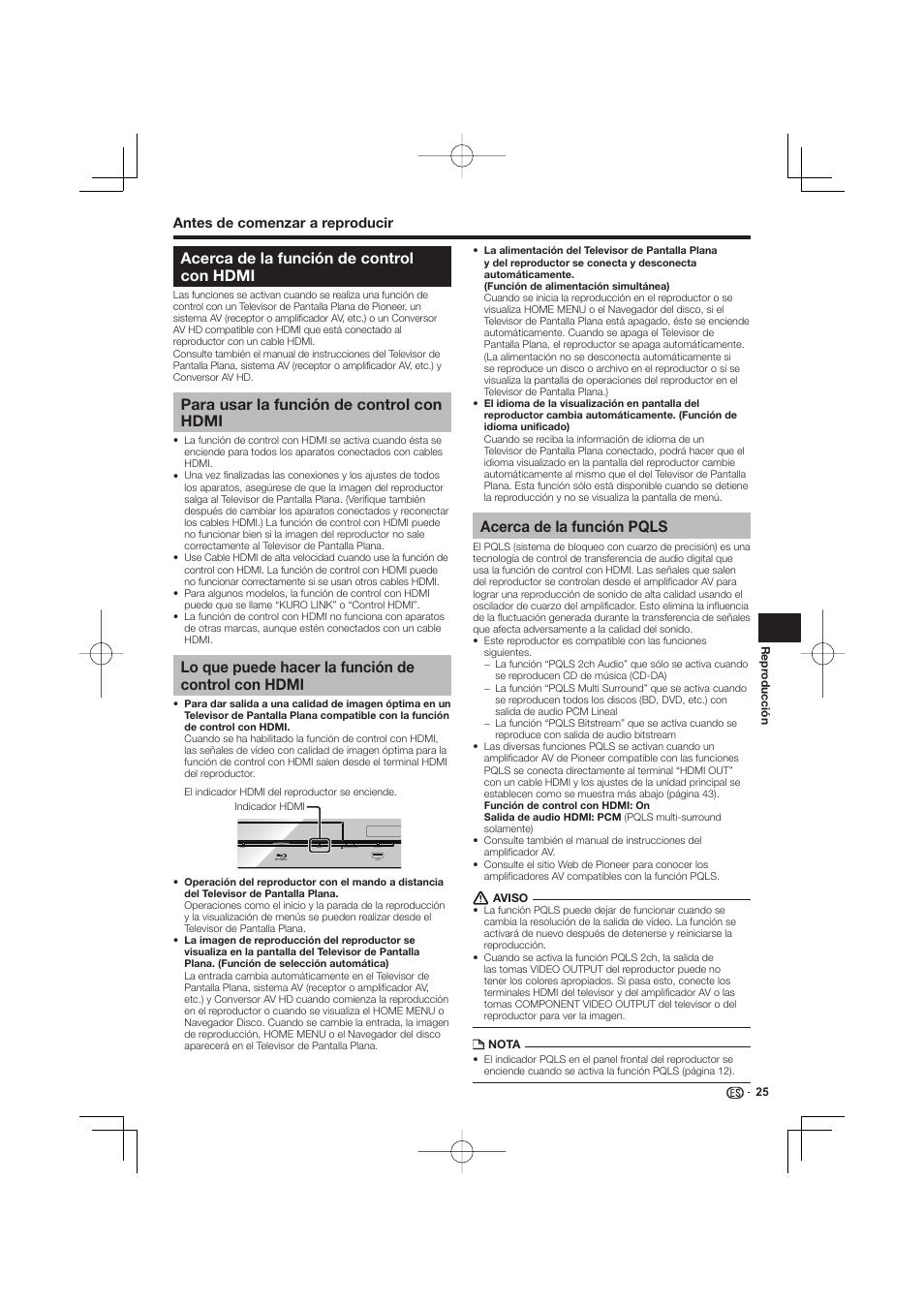 Acerca de la función de control con hdmi, Para usar la función de control con hdmi, Lo que puede hacer la función de control con hdmi | Acerca de la función pqls, Antes de comenzar a reproducir | Pioneer BDP-333 User Manual | Page 263 / 304