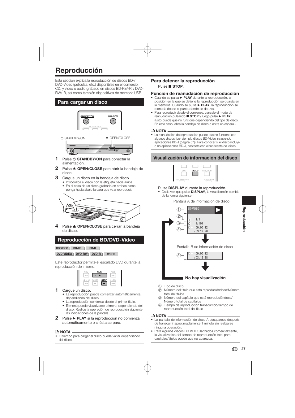 Reproducción -35, Para cargar un disco reproducción de bd/dvd-vídeo, Visualización de información del disco | Reproducción, Para cargar un disco, Reproducción de bd/dvd-vídeo | Pioneer BDP-333 User Manual | Page 265 / 304