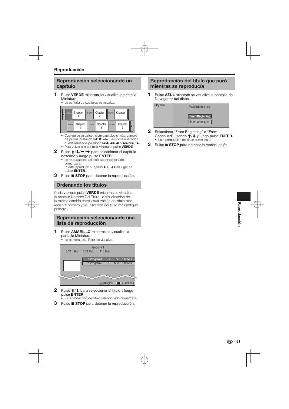 Reproducción, Reproducción del título que paró mientras se, Reproducía | Reproducción seleccionando un capítulo, Ordenando los títulos | Pioneer BDP-333 User Manual | Page 269 / 304