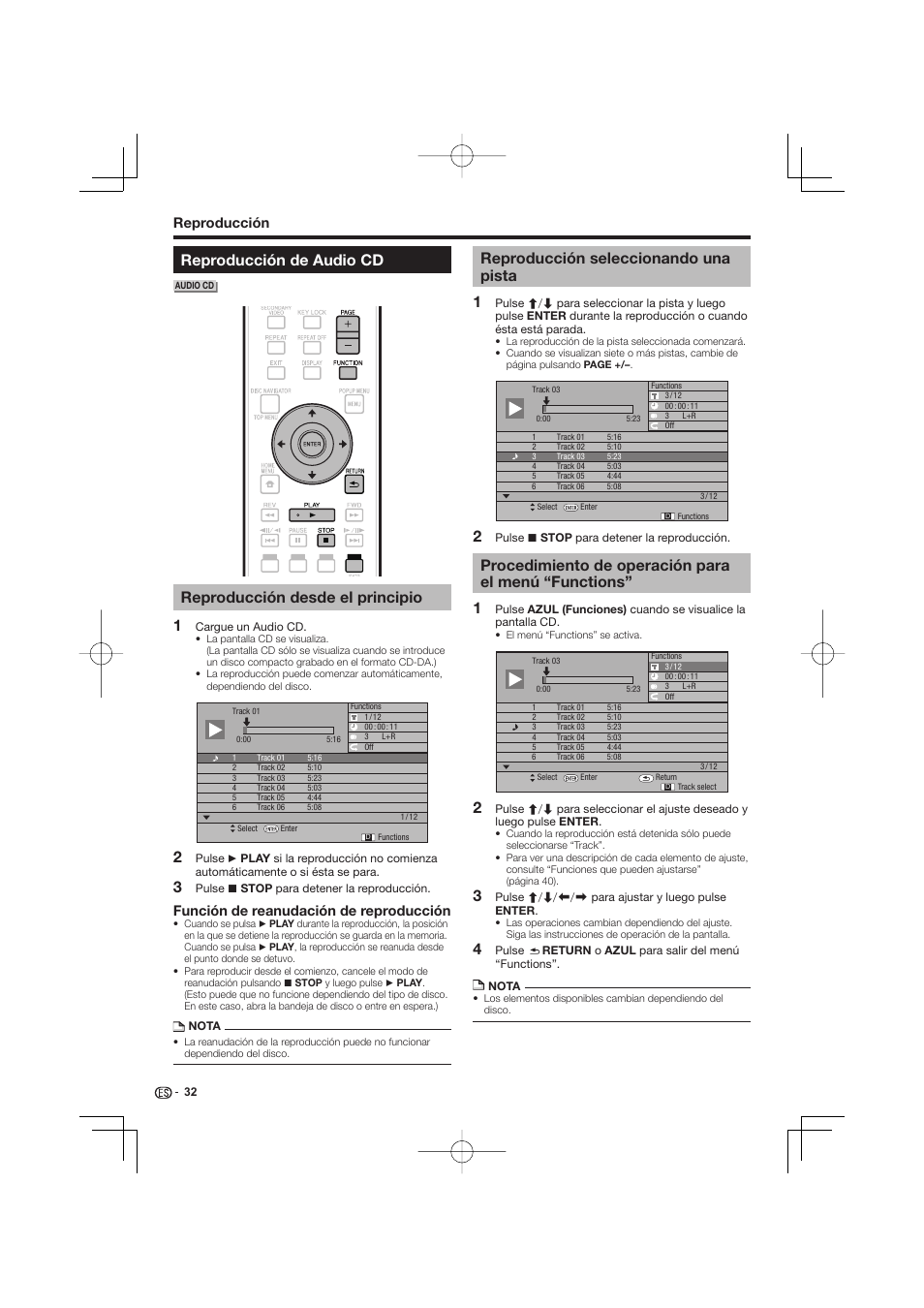 Reproducción de audio cd, Functions, Reproducción desde el principio | Reproducción seleccionando una pista, Función de reanudación de reproducción, Reproducción | Pioneer BDP-333 User Manual | Page 270 / 304