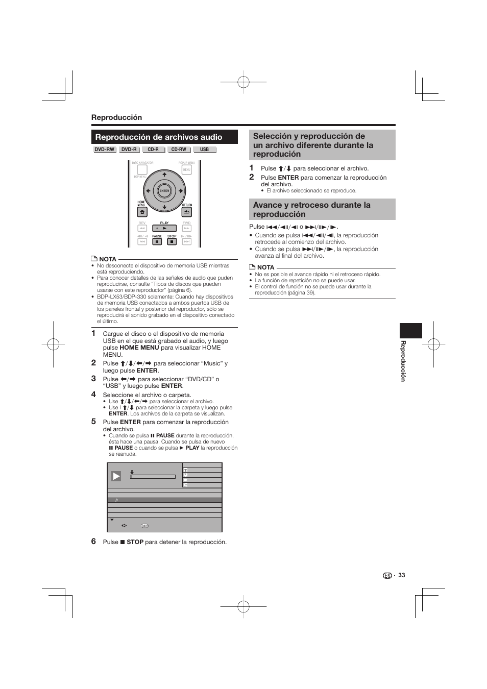 Reproducción de archivos audio, Selección y reproducción de un archivo diferente, Durante la reprodución | Avance y retroceso durante la reproducción | Pioneer BDP-333 User Manual | Page 271 / 304