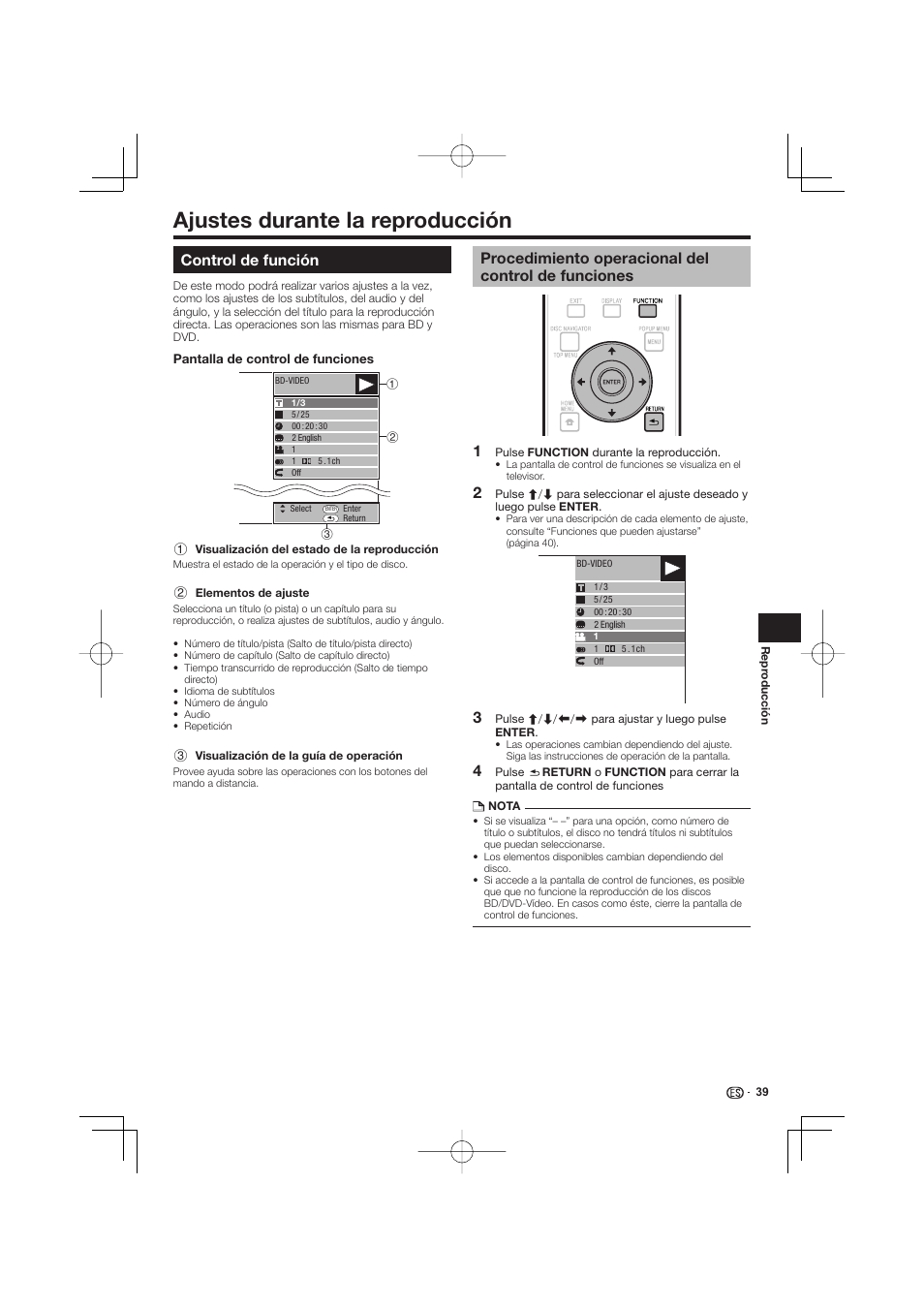 Ajustes durante la reproducción -40, Control de función, Procedimiento operacional del control de funciones | Ajustes durante la reproducción | Pioneer BDP-333 User Manual | Page 277 / 304