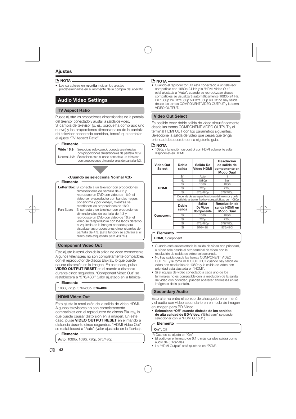 Audio video settings, Ajustes | Pioneer BDP-333 User Manual | Page 280 / 304