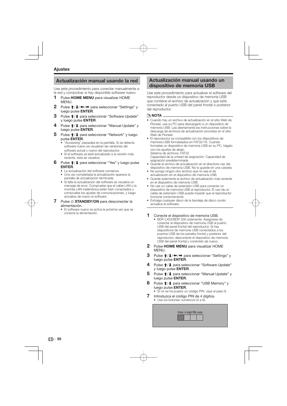 Memoria usb, Actualización manual usando la red | Pioneer BDP-333 User Manual | Page 288 / 304