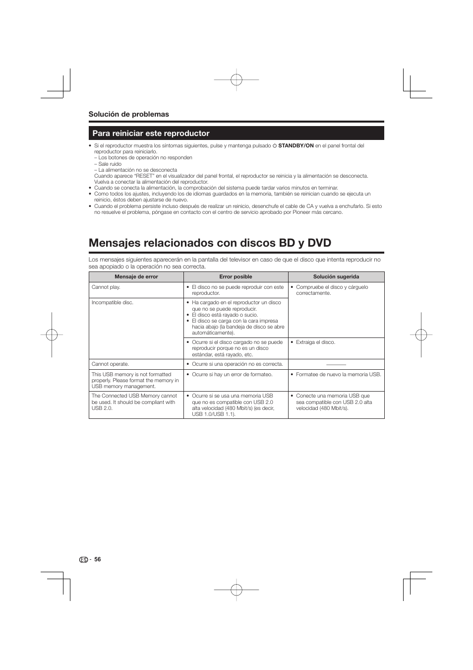 Para reiniciar este reproductor, Mensajes relacionados con discos bd y dvd | Pioneer BDP-333 User Manual | Page 294 / 304