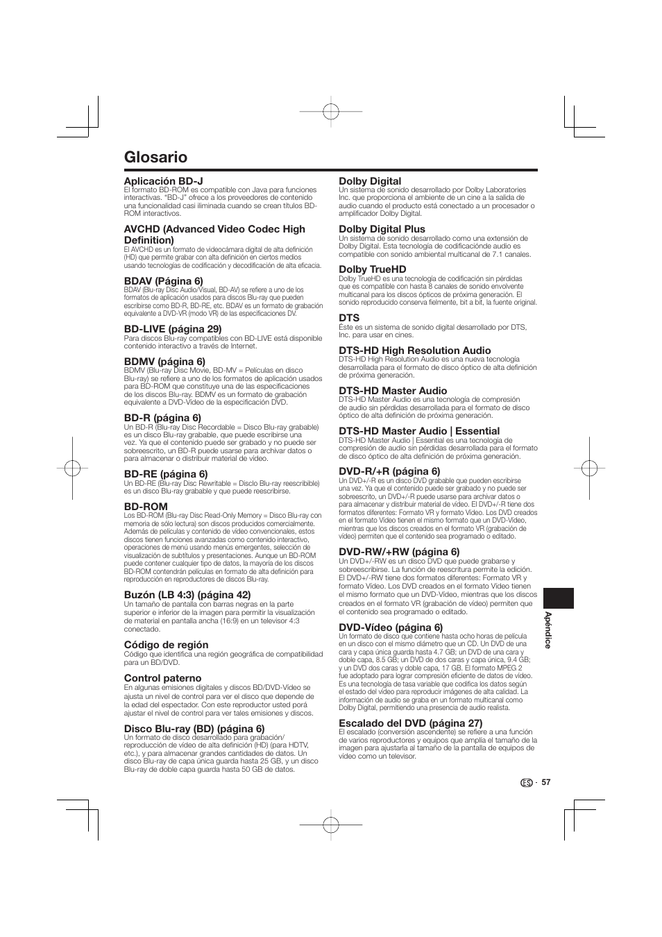 Glosario -58, Glosario | Pioneer BDP-333 User Manual | Page 295 / 304