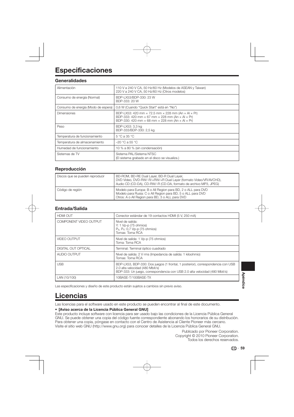 Especificaciones licencias, Especificaciones, Licencias | Pioneer BDP-333 User Manual | Page 297 / 304