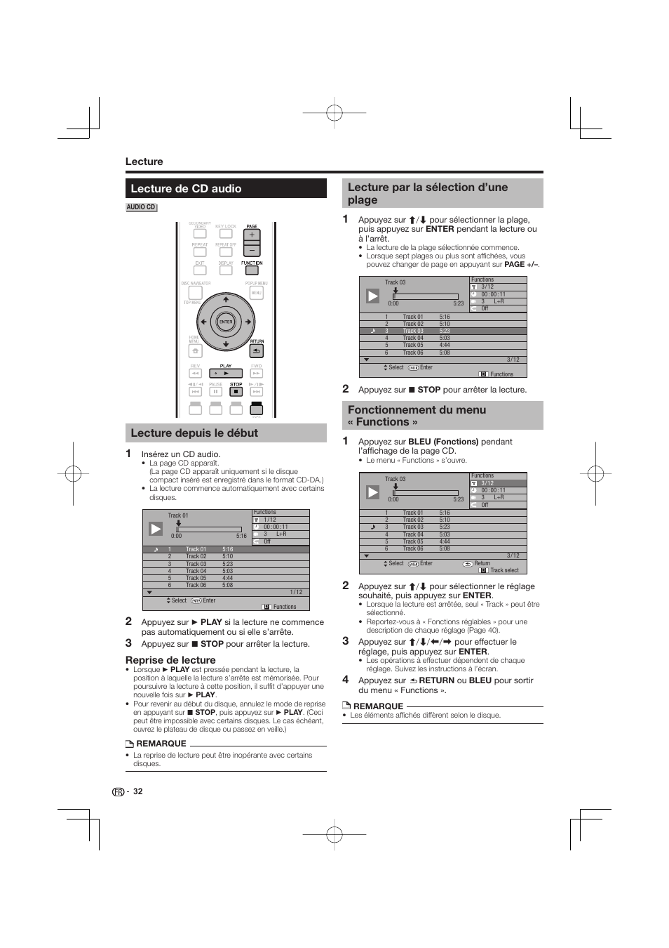 Lecture de cd audio, Lecture depuis le début, Lecture par la sélection d’une plage | Fonctionnement du menu « functions, Reprise de lecture, Lecture | Pioneer BDP-333 User Manual | Page 32 / 304