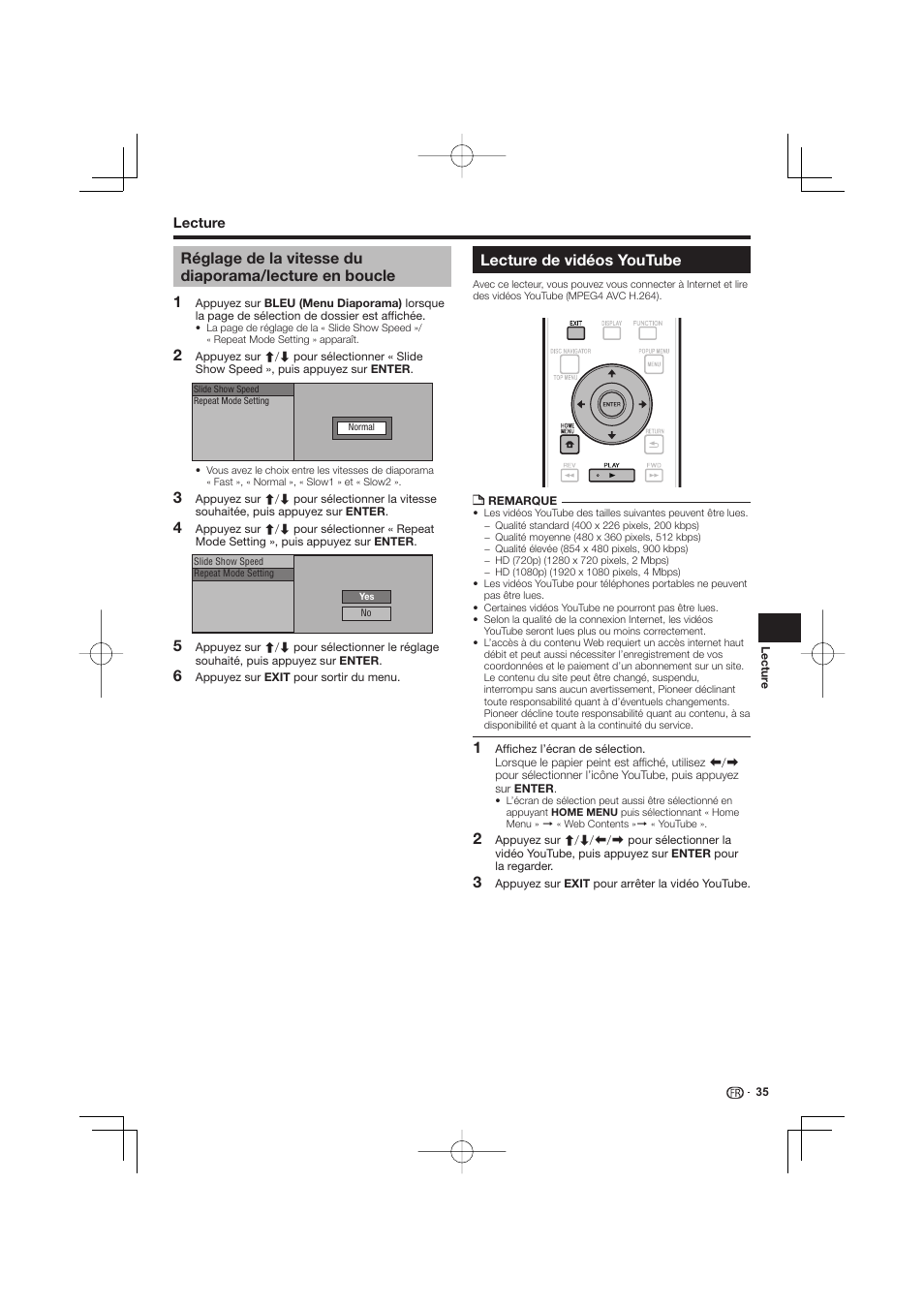 Réglage de la vitesse du diaporama/lecture en, Boucle, Lecture de vidéos youtube | Pioneer BDP-333 User Manual | Page 35 / 304