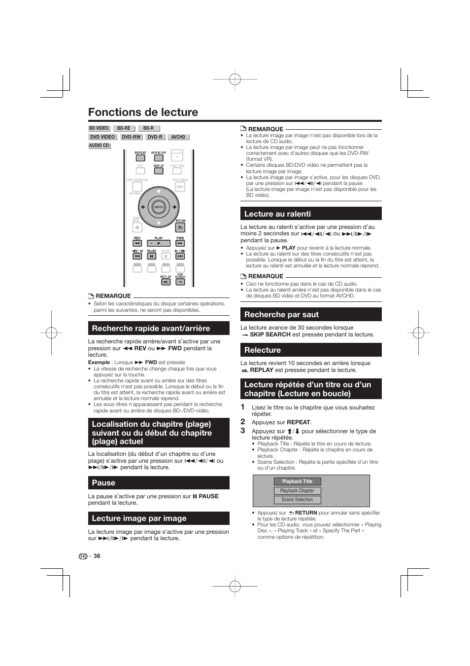 Fonctions de lecture -38, Chapitre (plage) actuel, Boucle) | Fonctions de lecture, Recherche rapide avant/arrière, Pause, Lecture image par image, Lecture au ralenti, Recherche par saut, Relecture | Pioneer BDP-333 User Manual | Page 36 / 304