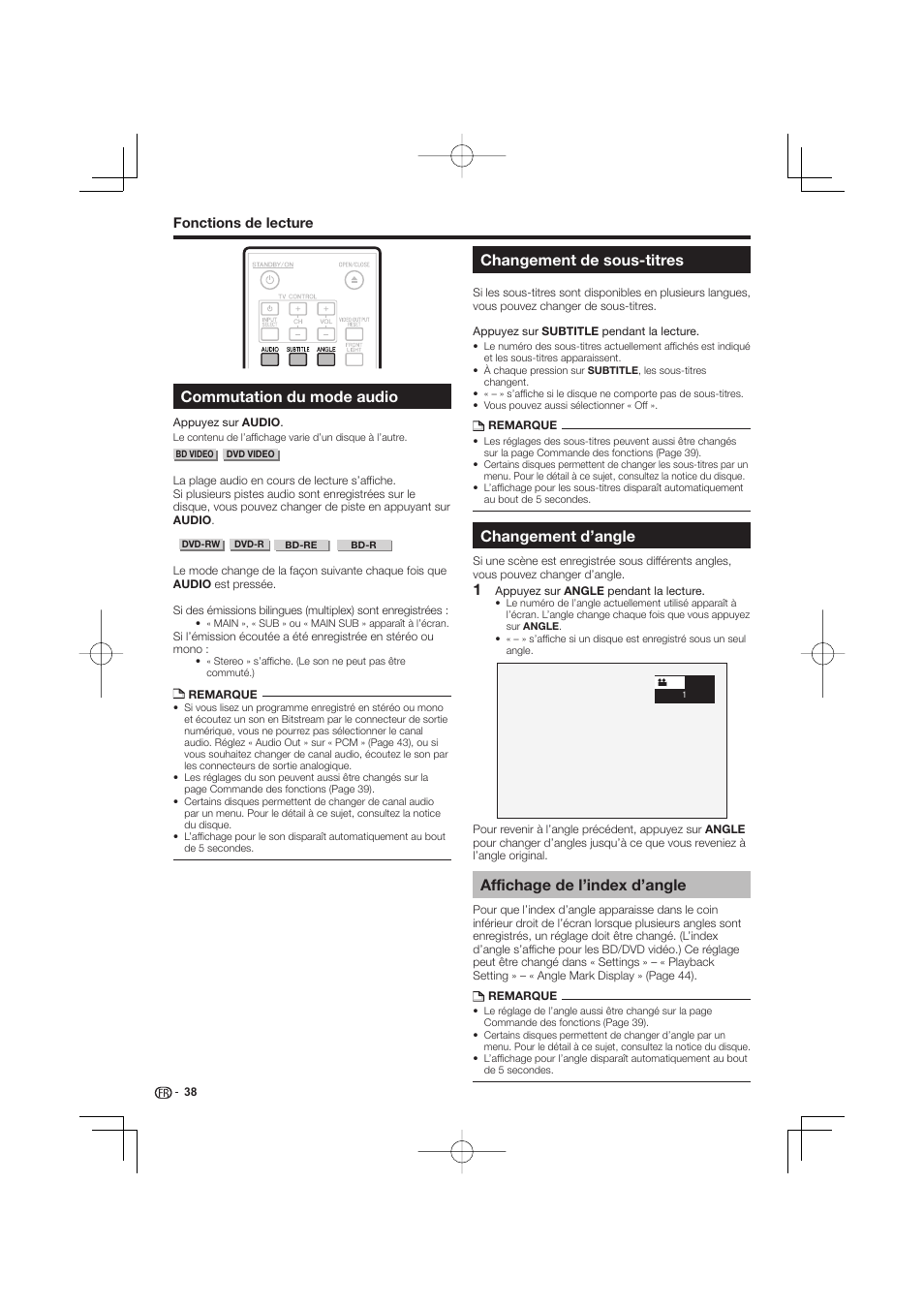 Affichage de l’index d’angle, Commutation du mode audio, Changement de sous-titres | Changement d’angle | Pioneer BDP-333 User Manual | Page 38 / 304