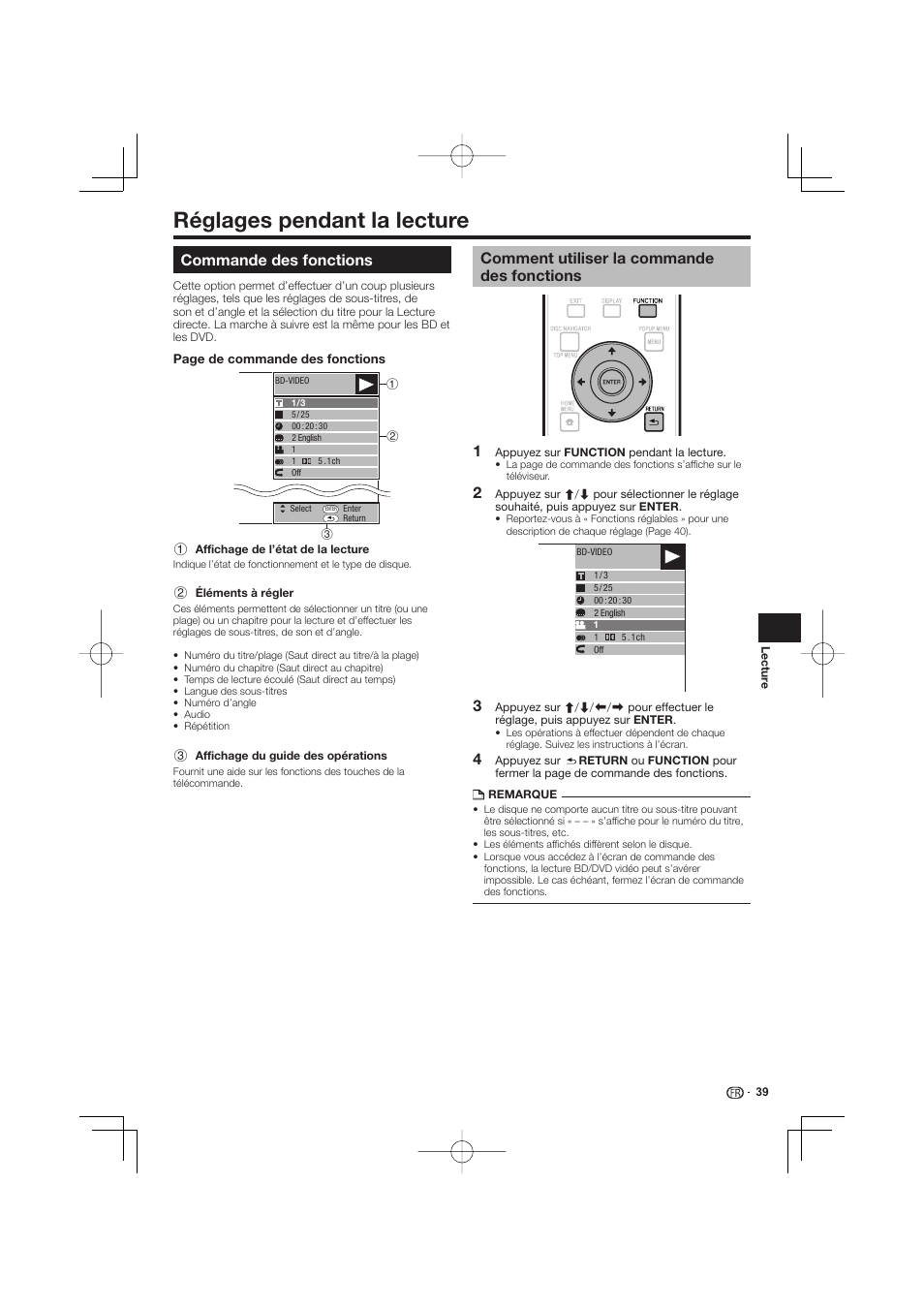 Réglages pendant la lecture -40, Commande des fonctions, Comment utiliser la commande des fonctions | Réglages pendant la lecture | Pioneer BDP-333 User Manual | Page 39 / 304