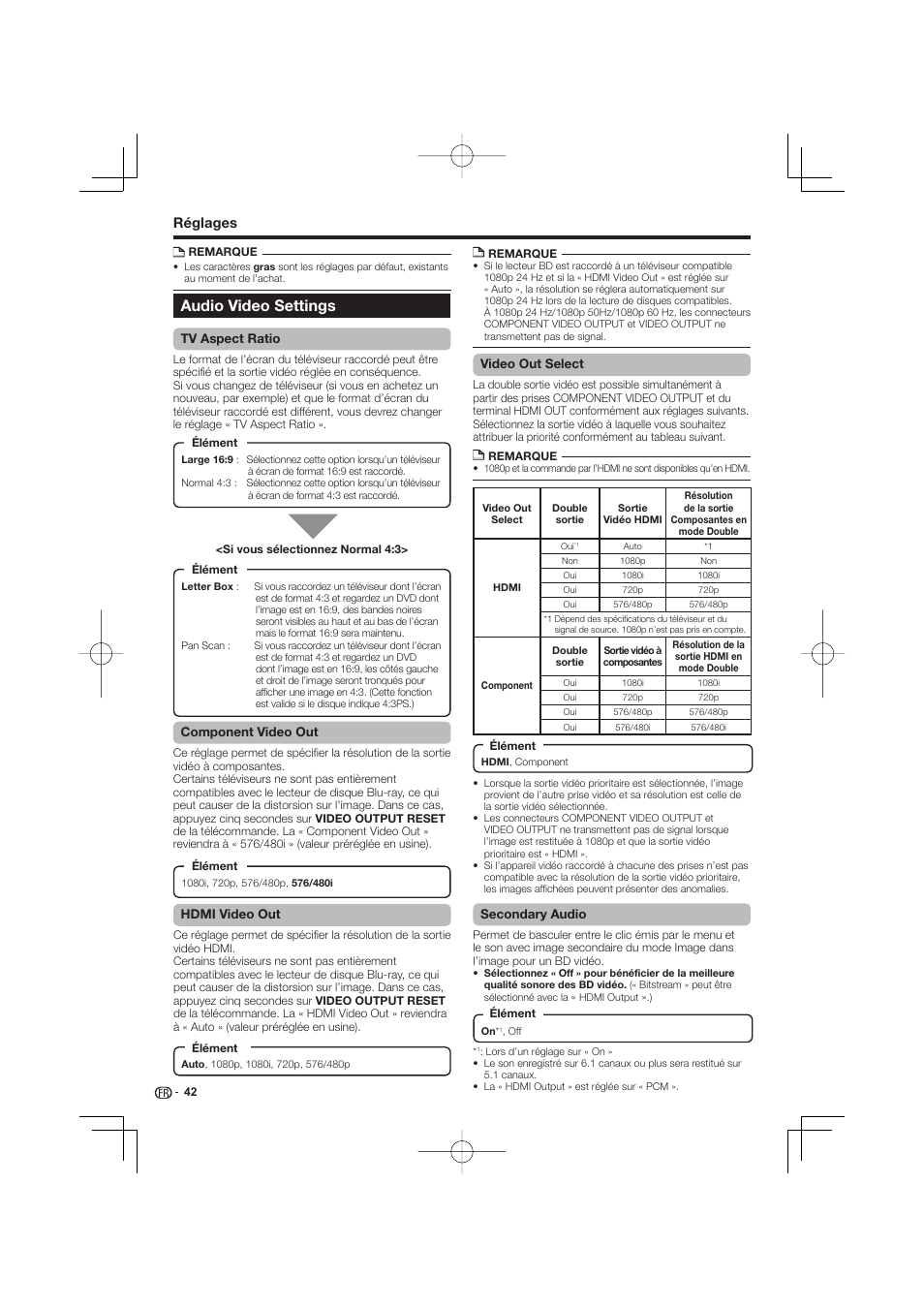 Audio video settings, Réglages | Pioneer BDP-333 User Manual | Page 42 / 304