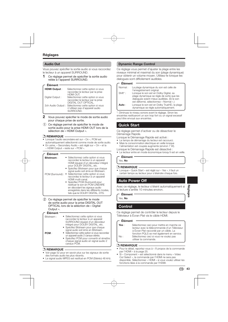 Quick start auto power off control, Quick start, Auto power off | Control | Pioneer BDP-333 User Manual | Page 43 / 304