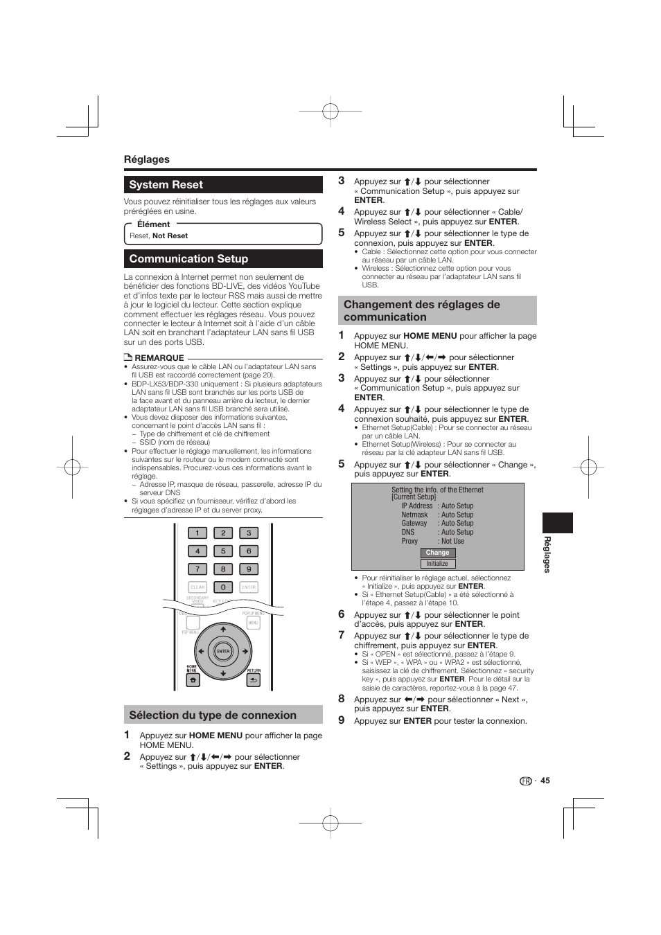 System reset communication setup, Communication setup, Sélection du type de connexion | Changement des réglages de communication, System reset | Pioneer BDP-333 User Manual | Page 45 / 304