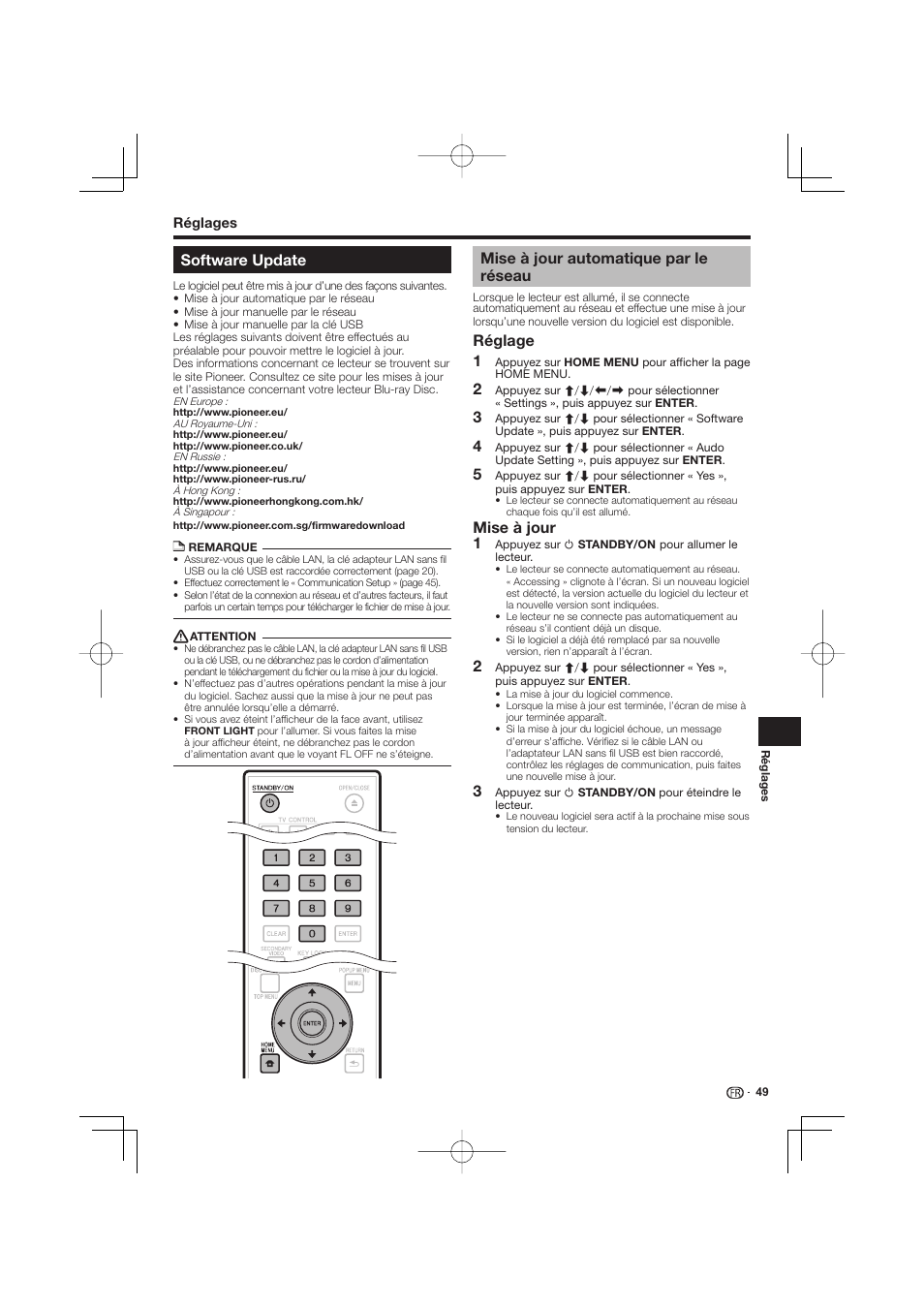 Software update, Mise à jour automatique par le réseau, Réglage | Mise à jour | Pioneer BDP-333 User Manual | Page 49 / 304