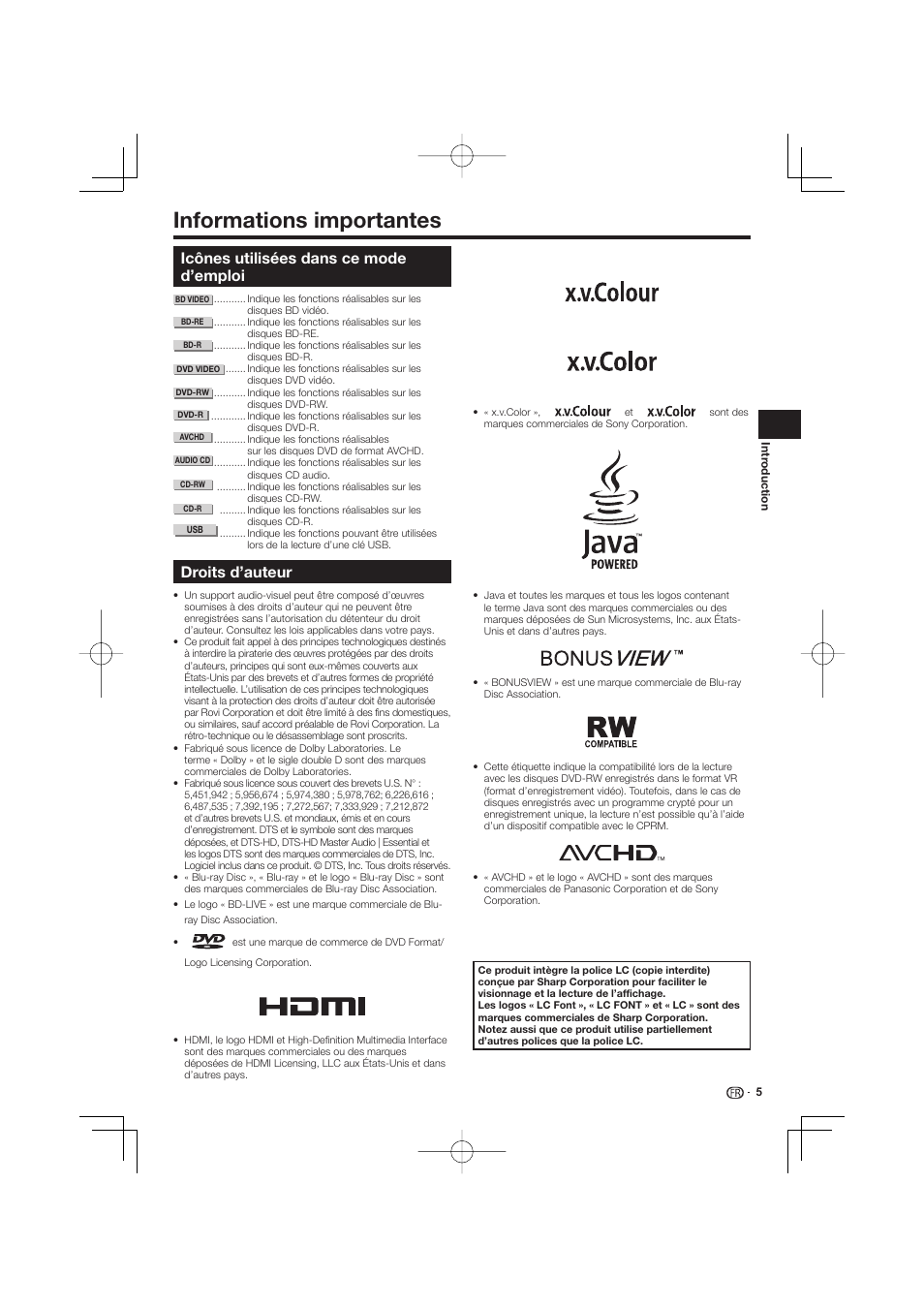 Informations importantes, Icônes utilisées dans ce mode d’emploi, Droits d’auteur | Pioneer BDP-333 User Manual | Page 5 / 304