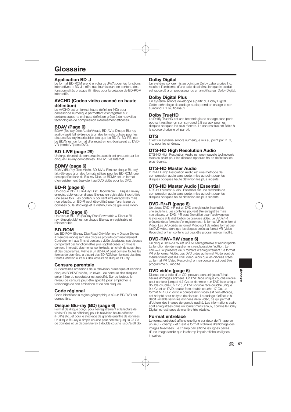 Glossaire -58, Glossaire | Pioneer BDP-333 User Manual | Page 57 / 304