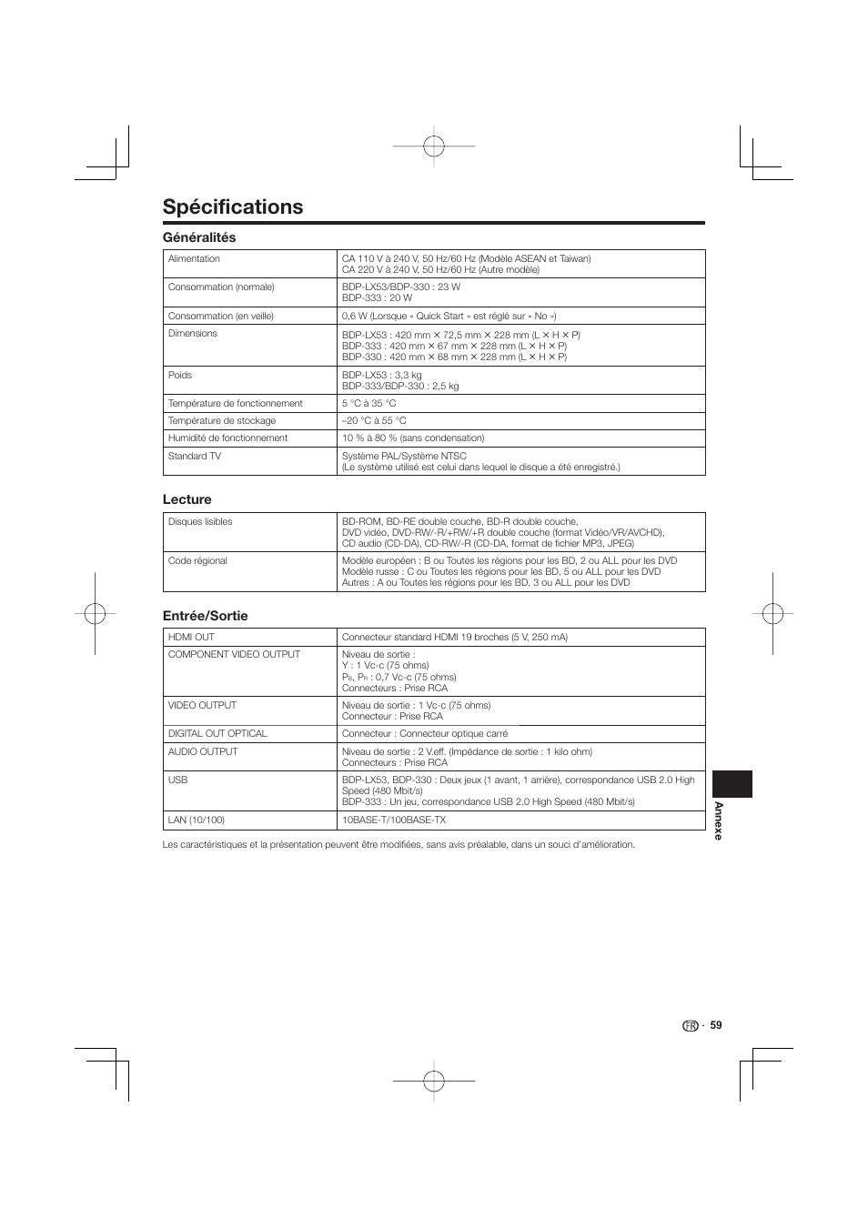 Spécifications, Généralités, Lecture | Entrée/sortie | Pioneer BDP-333 User Manual | Page 59 / 304