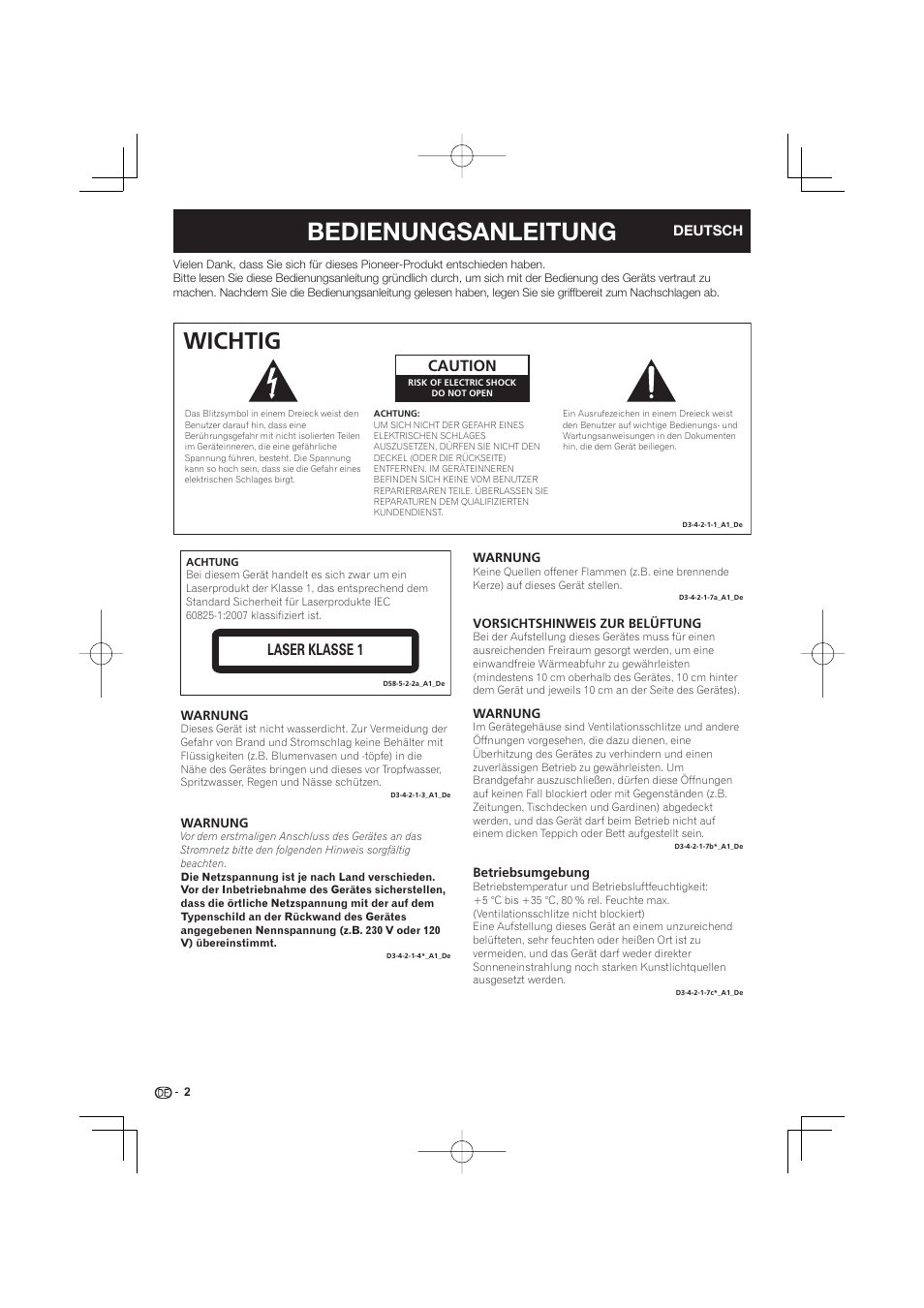 Bedienungsanleitung, Wichtig, Caution | Laser klasse 1 | Pioneer BDP-333 User Manual | Page 66 / 304