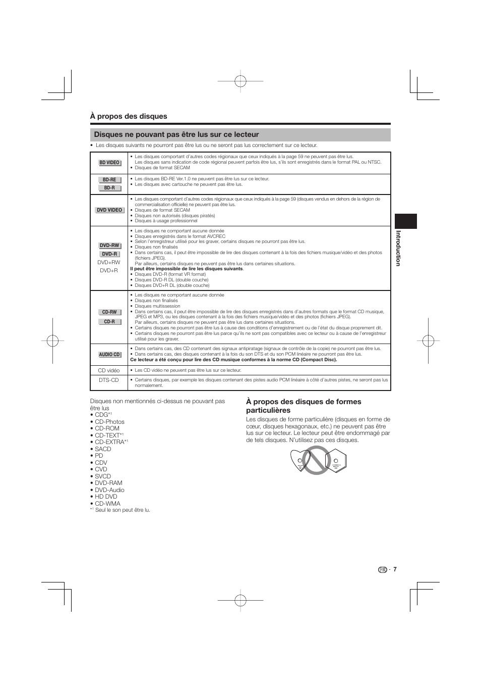 Disques ne pouvant pas être lus sur ce lecteur, À propos des disques de formes particulières | Pioneer BDP-333 User Manual | Page 7 / 304