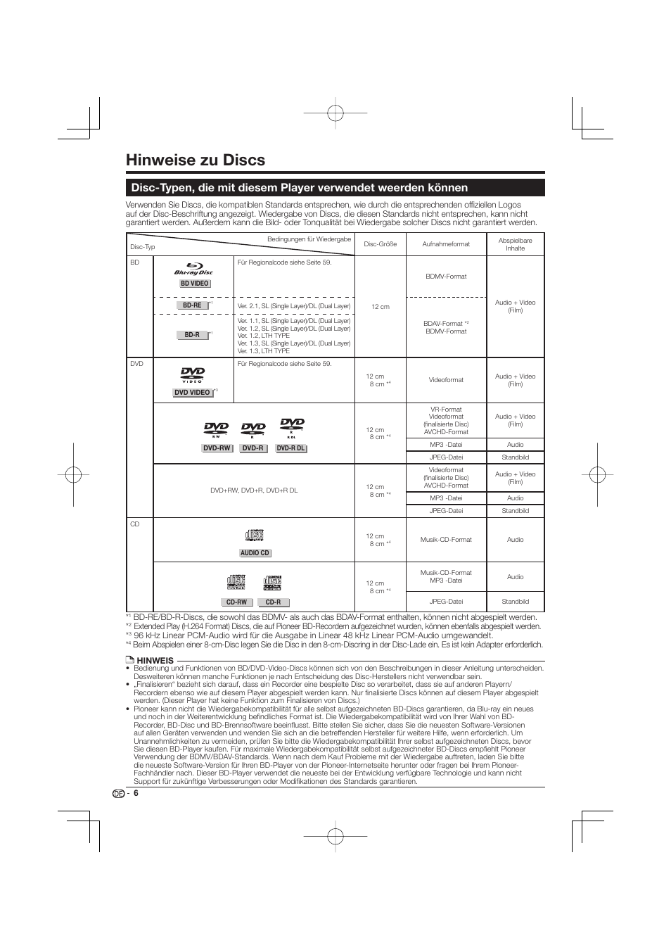 Hinweise zu discs -9, Disc-typen, die mit diesem player verwendet, Weerden können | Hinweise zu discs | Pioneer BDP-333 User Manual | Page 70 / 304