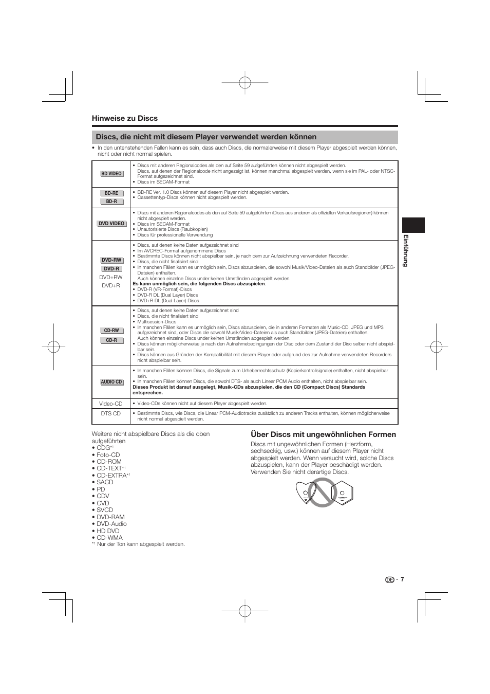 Discs, die nicht mit diesem player verwendet, Werden können, Über discs mit ungewöhnlichen formen | Pioneer BDP-333 User Manual | Page 71 / 304