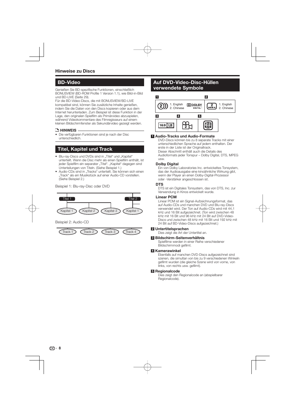 Auf dvd-video-disc-hüllen verwendete symbole, Bd-video, Titel, kapitel und track | Pioneer BDP-333 User Manual | Page 72 / 304