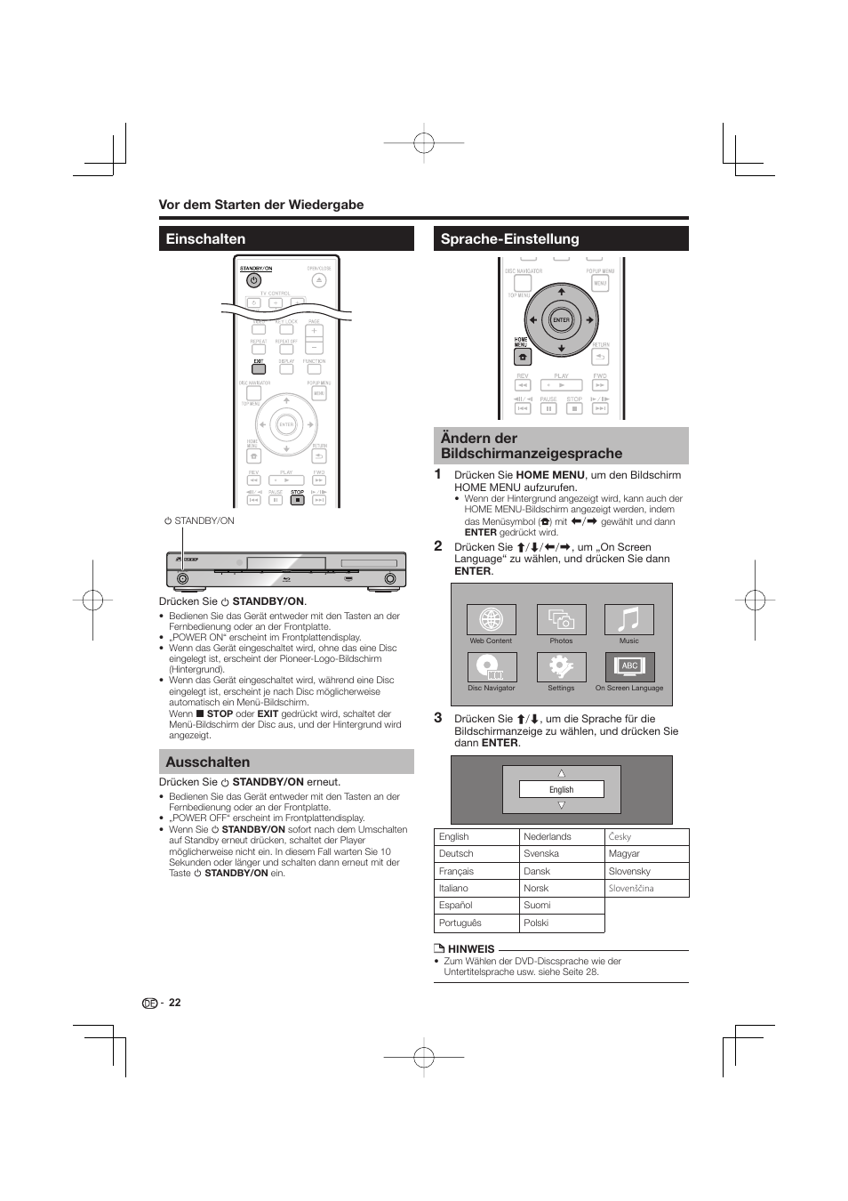 Einschalten, Ausschalten, Sprache-einstellung | Ändern der bildschirmanzeigesprache | Pioneer BDP-333 User Manual | Page 86 / 304