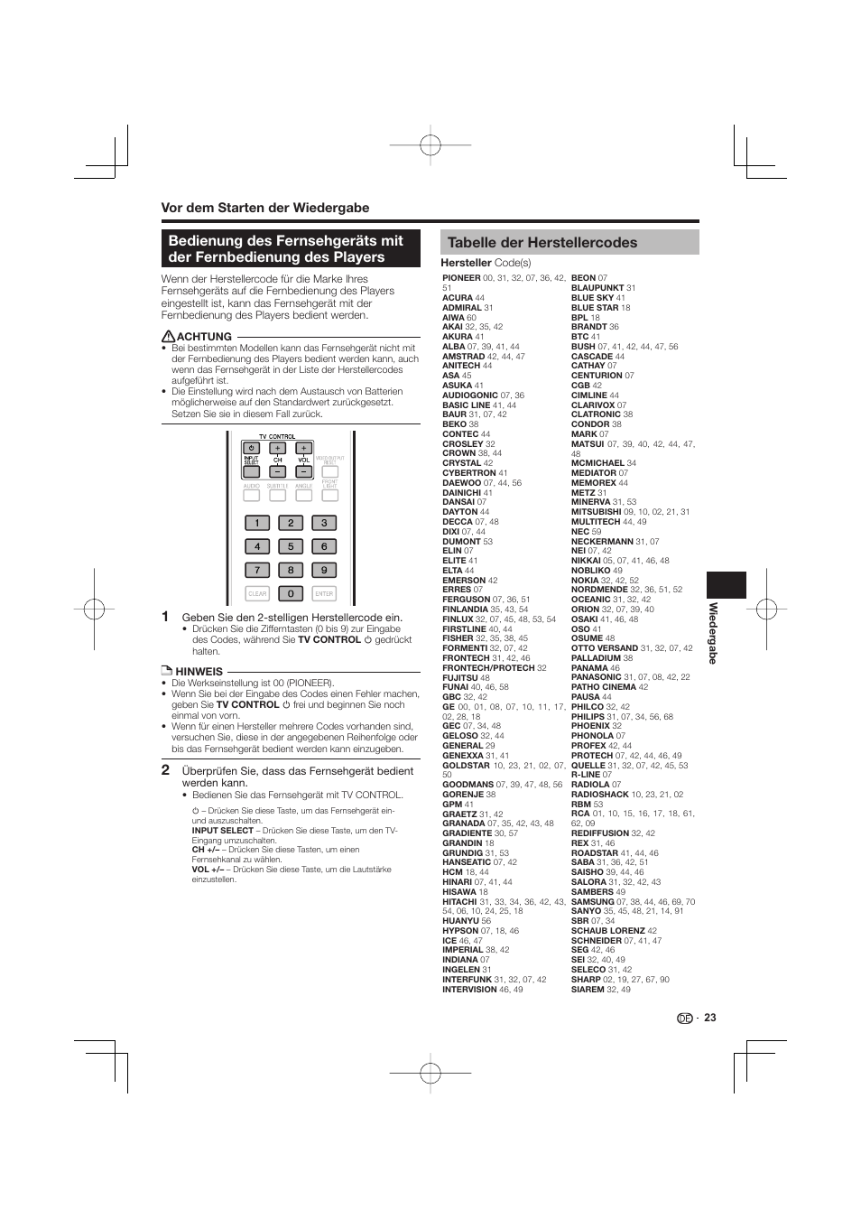 Bedienung des fernsehgeräts mit der, Fernbedienung des players, Tabelle der herstellercodes | Pioneer BDP-333 User Manual | Page 87 / 304