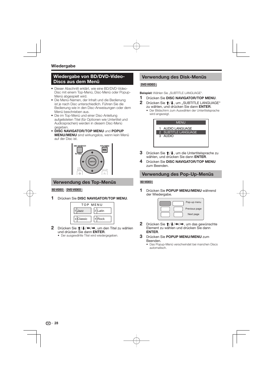 Wiedergabe von bd/dvd-video-discs aus dem menü, Wiedergabe von bd/dvd-video- discs aus dem menü, Verwendung des top-menüs | Verwendung des disk-menüs, Verwendung des pop-up-menüs | Pioneer BDP-333 User Manual | Page 92 / 304