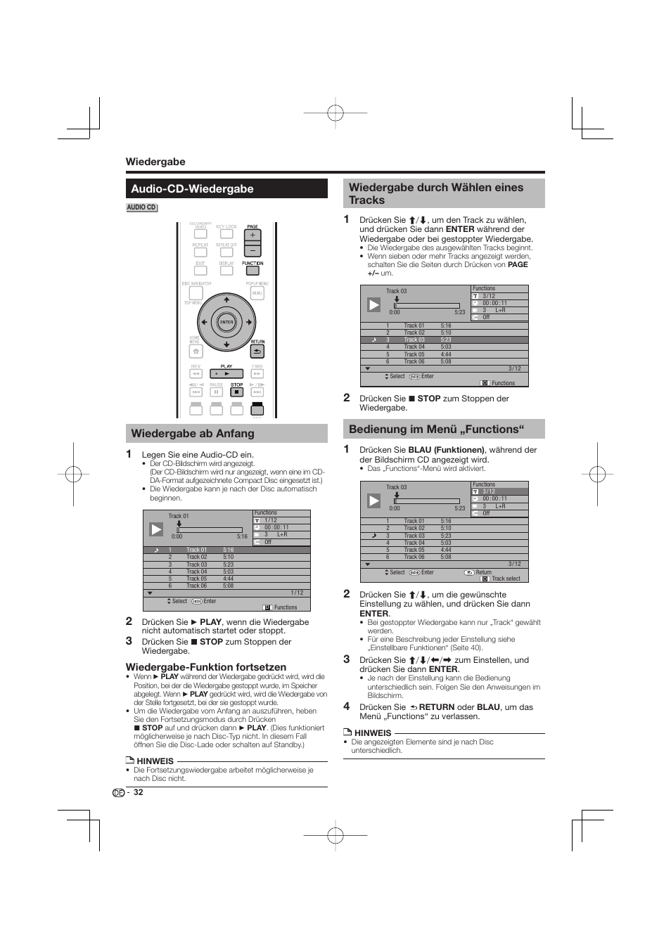 Audio-cd-wiedergabe, Wiedergabe ab anfang, Wiedergabe durch wählen eines tracks | Bedienung im menü „functions, Wiedergabe-funktion fortsetzen, Wiedergabe | Pioneer BDP-333 User Manual | Page 96 / 304