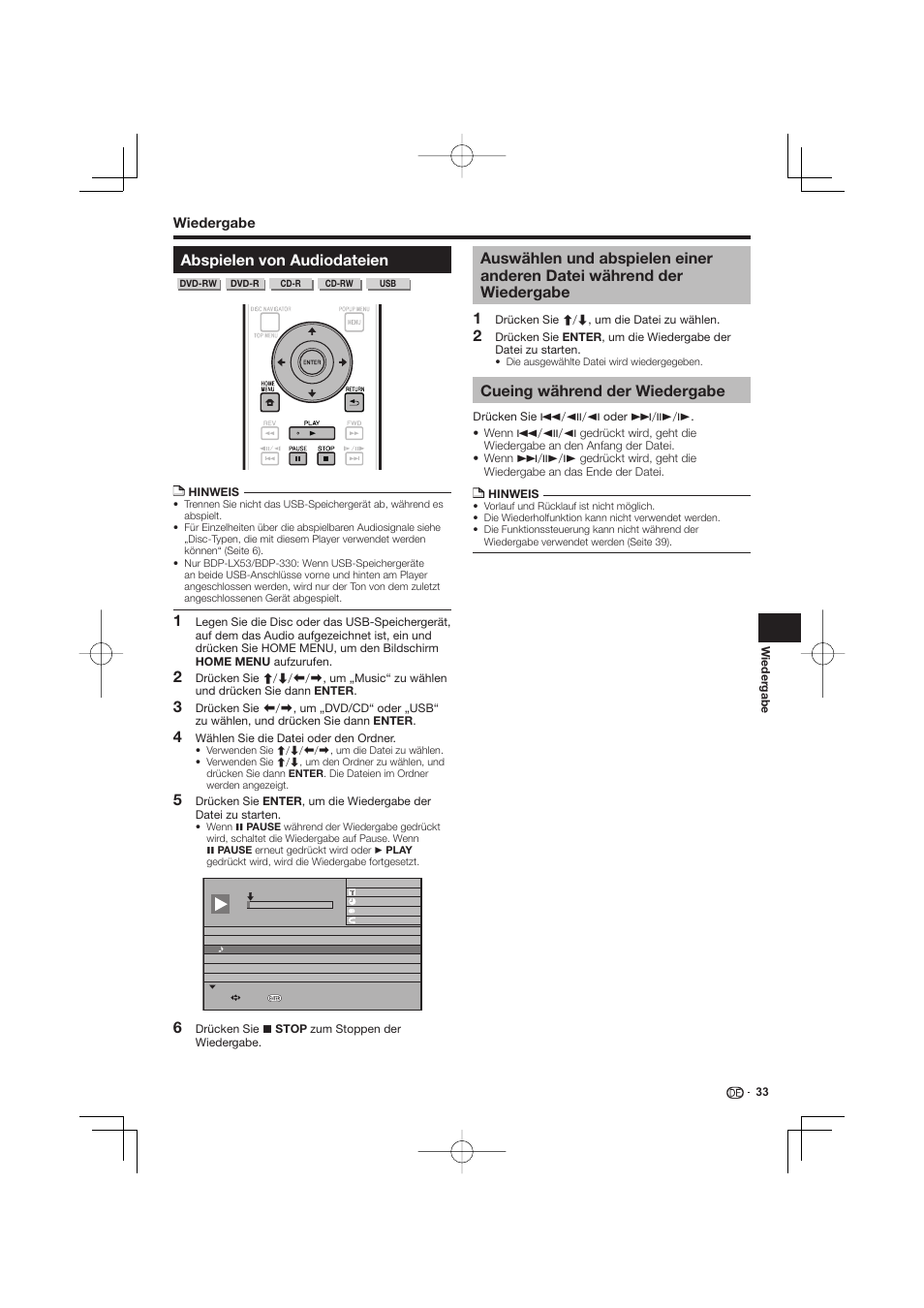 Abspielen von audiodateien, Auswählen und abspielen einer anderen datei, Während der wiedergabe | Cueing während der wiedergabe | Pioneer BDP-333 User Manual | Page 97 / 304