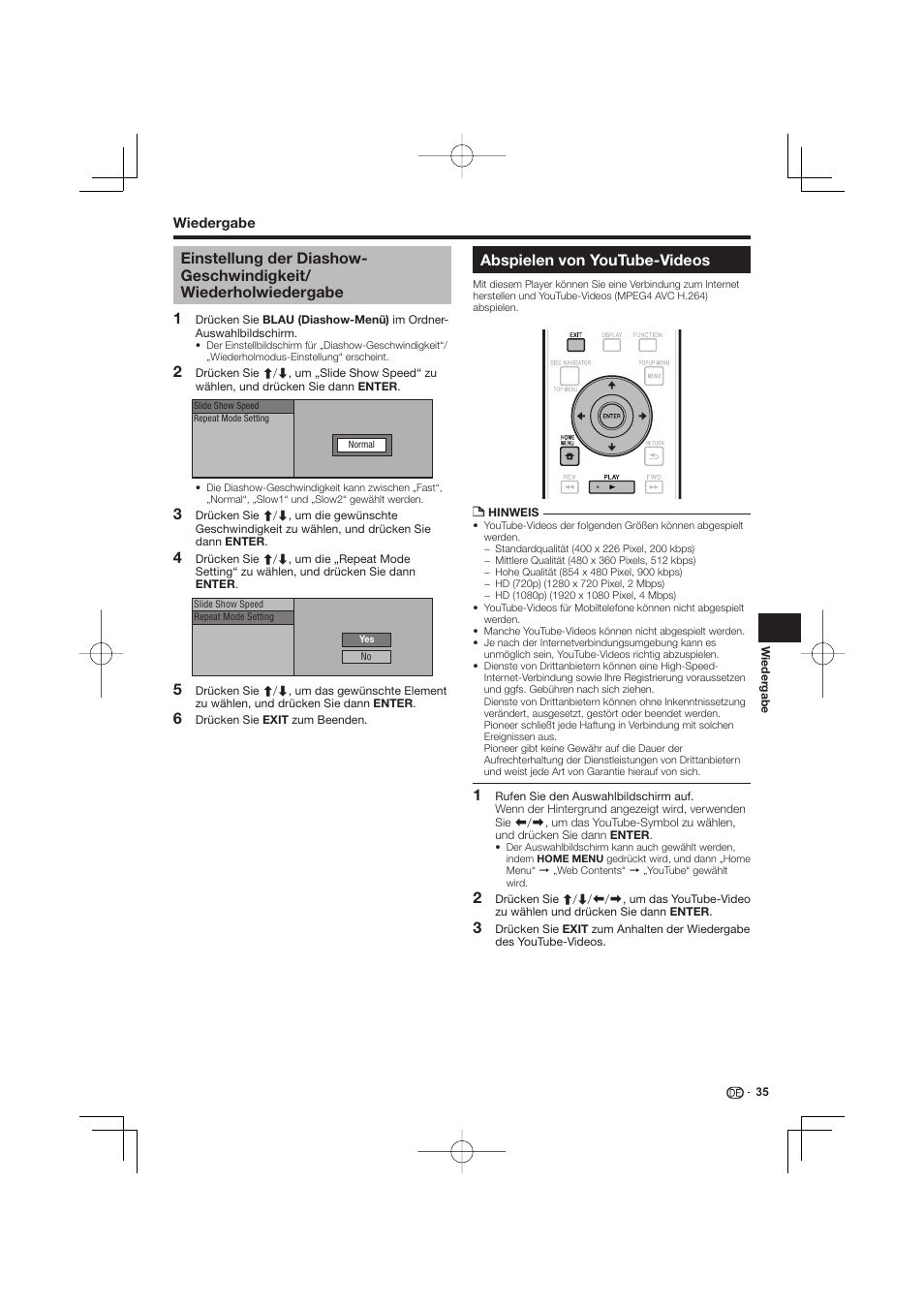 Einstellung der diashow-geschwindigkeit, Wiederholwiedergabe, Abspielen von youtube-videos | Pioneer BDP-333 User Manual | Page 99 / 304