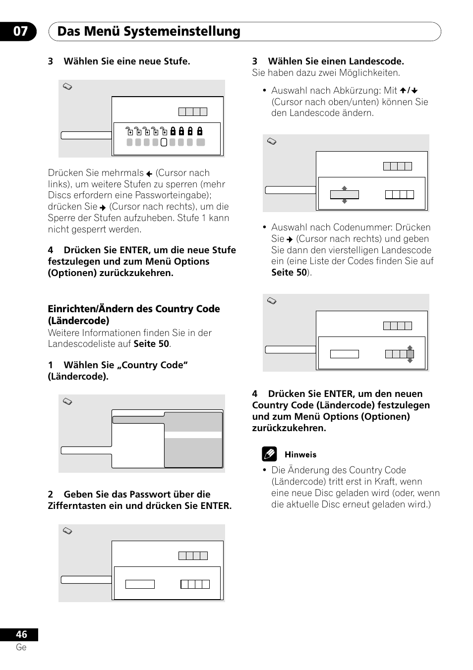 Das menü systemeinstellung 07, Einrichten/ändern des country code (ländercode), 3wählen sie eine neue stufe | Pioneer DV-454-S User Manual | Page 100 / 108