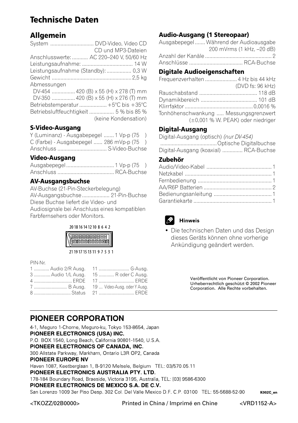 Technische daten, Allgemein | Pioneer DV-454-S User Manual | Page 108 / 108