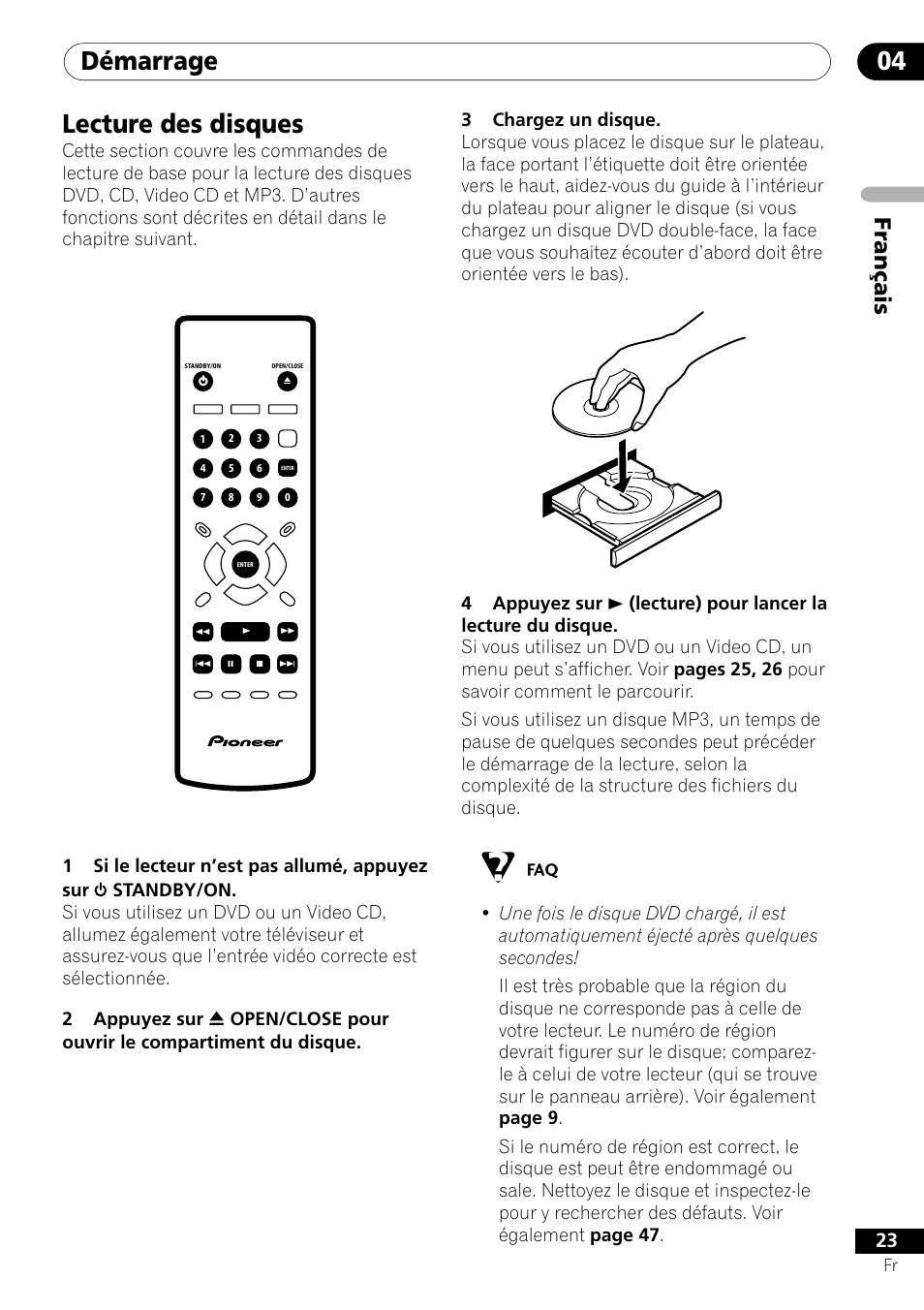 Lecture des disques, Démarrage 04, Fran ç ais | Pioneer DV-454-S User Manual | Page 23 / 108