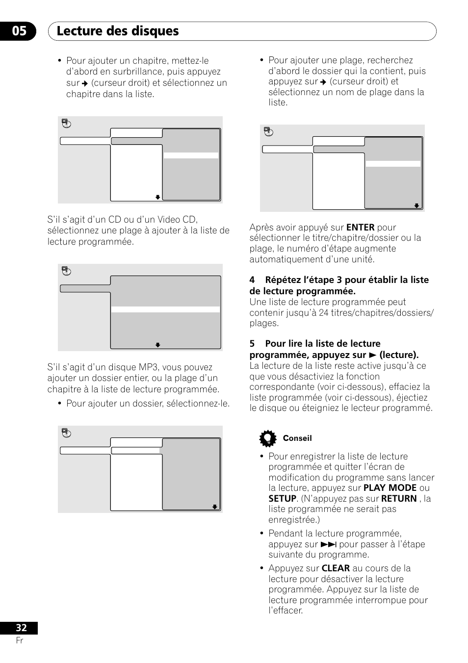 Lecture des disques 05, Conseil | Pioneer DV-454-S User Manual | Page 32 / 108