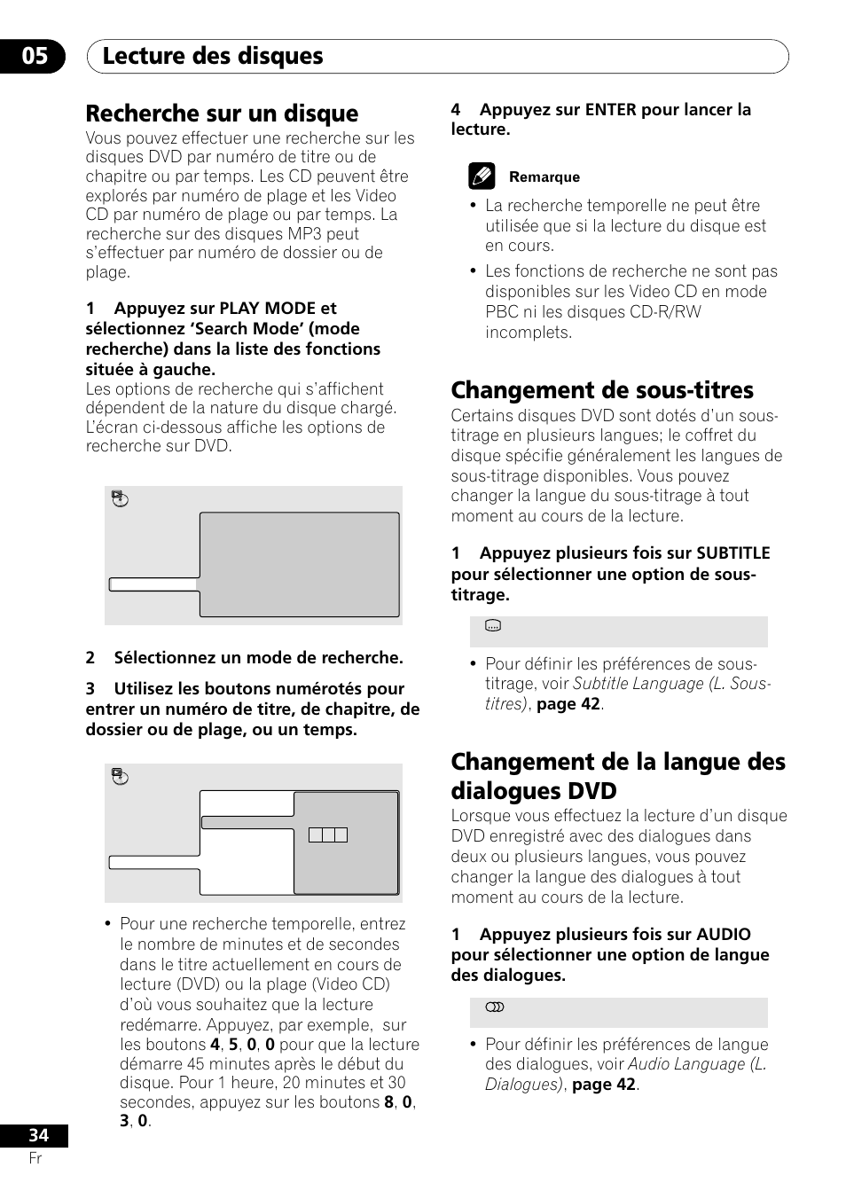 Lecture des disques 05, Recherche sur un disque, Changement de sous-titres | Changement de la langue des dialogues dvd | Pioneer DV-454-S User Manual | Page 34 / 108