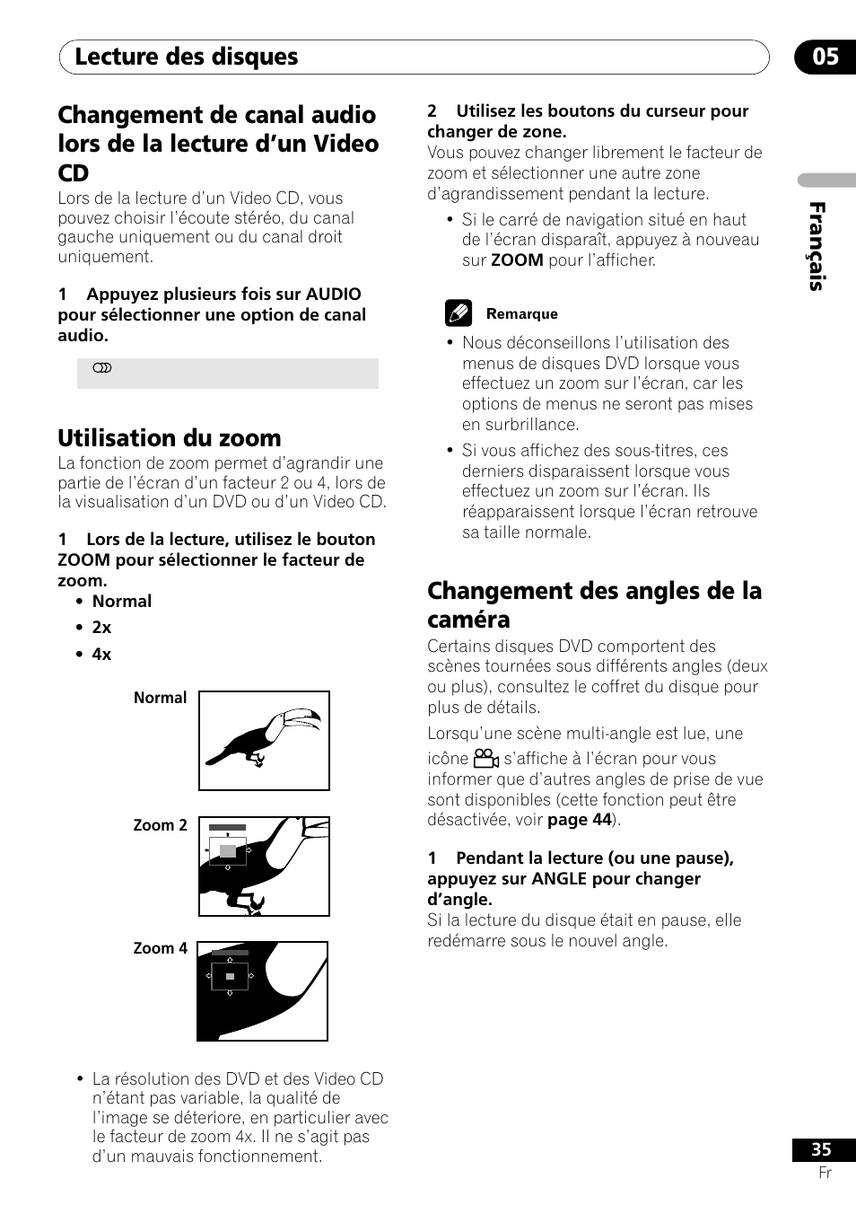 Lecture des disques 05, Utilisation du zoom, Changement des angles de la caméra | Fran ç ais | Pioneer DV-454-S User Manual | Page 35 / 108