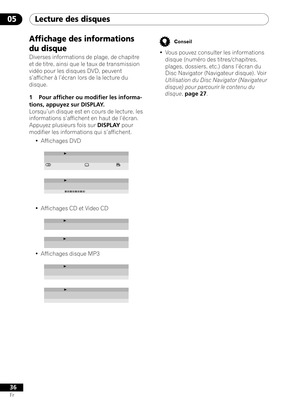 Affichage des informations du disque, Lecture des disques 05, Affichages cd et video cd | Affichages disque mp3, Conseil | Pioneer DV-454-S User Manual | Page 36 / 108