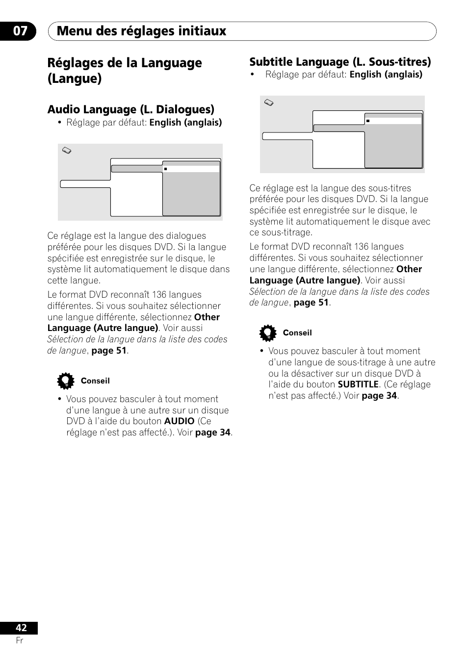 Réglages de la language (langue), Menu des réglages initiaux 07, Subtitle language (l. sous-titres) | Audio language (l. dialogues), Réglage par défaut: english (anglais) | Pioneer DV-454-S User Manual | Page 42 / 108