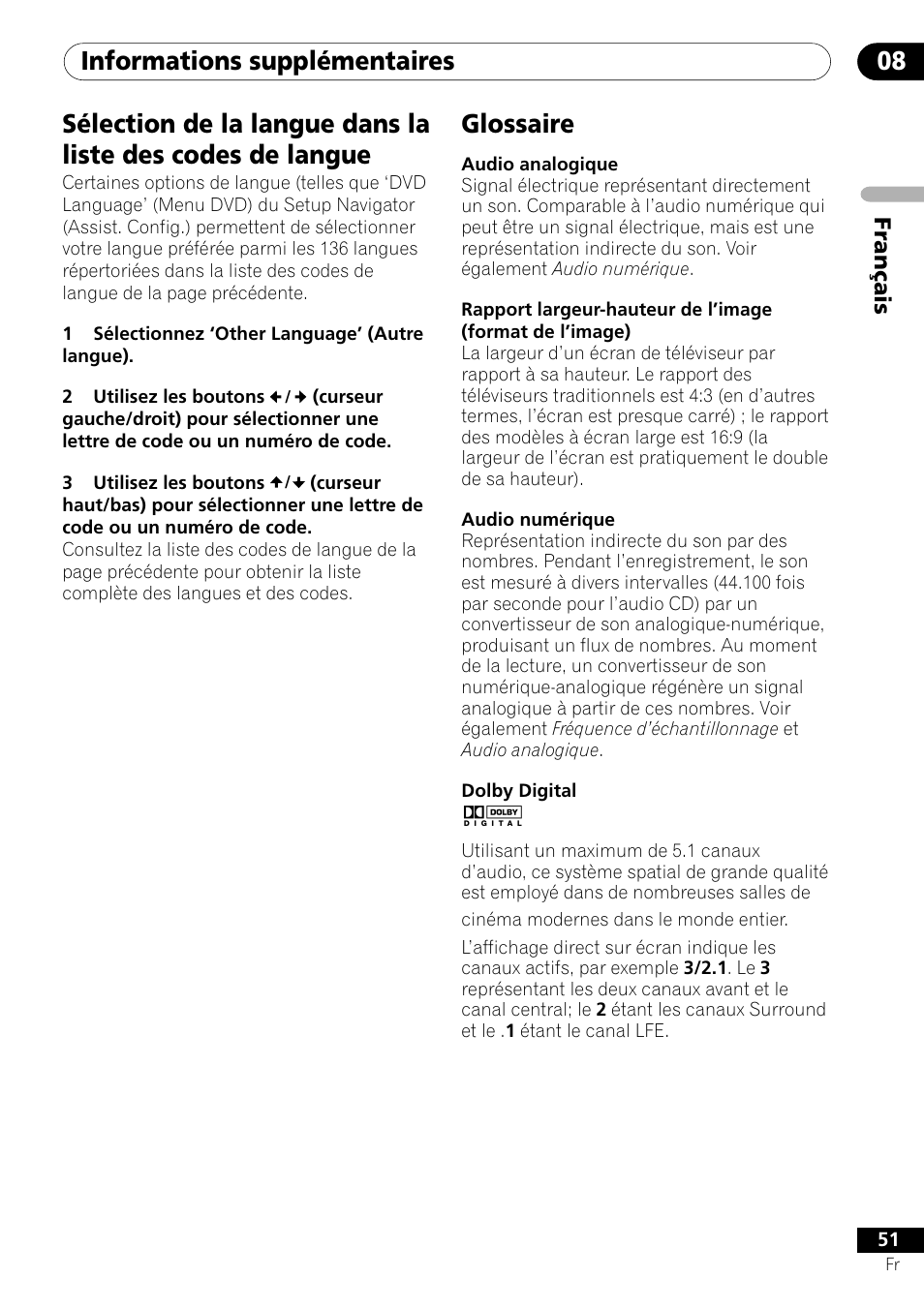 Informations supplémentaires 08, Glossaire | Pioneer DV-454-S User Manual | Page 51 / 108