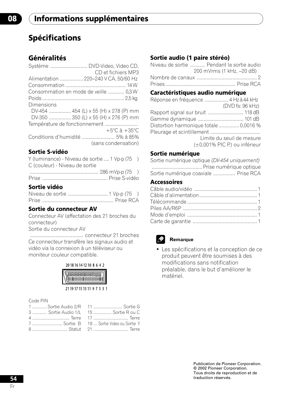 Spécifications, Informations supplémentaires 08, Généralités | Pioneer DV-454-S User Manual | Page 54 / 108